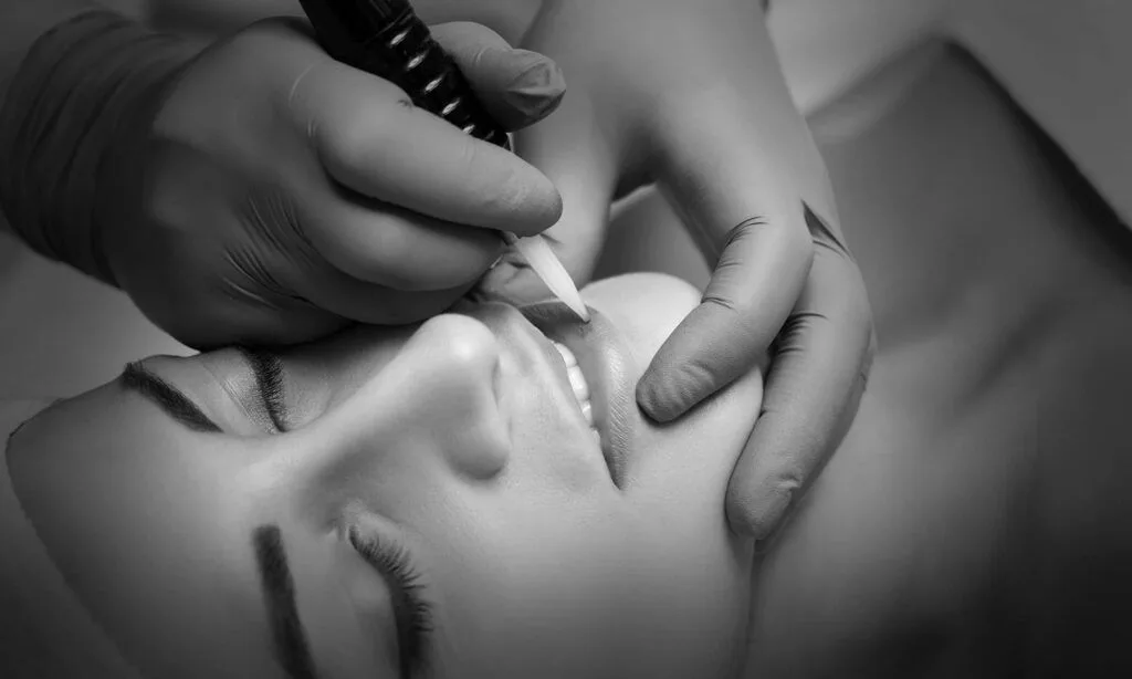 Lip tattooing close-up procedure